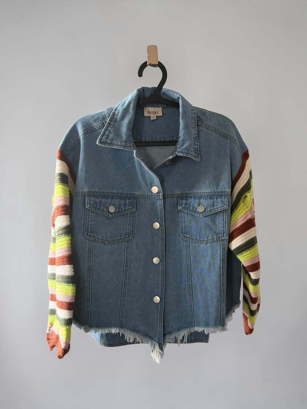BIBI Raw Hem Denim Jacket with Striped Knit Crochet Sleeves